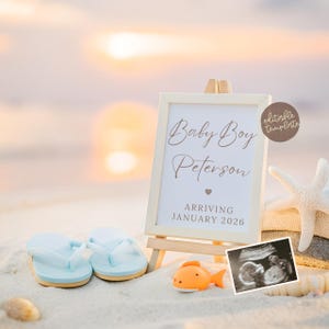 Strand-Schwangerschaftsankündigungsvorlage, Strandbabyankündigung, nautische Babyankündigung, sofortiger Download, bearbeitbare Vorlage Canva