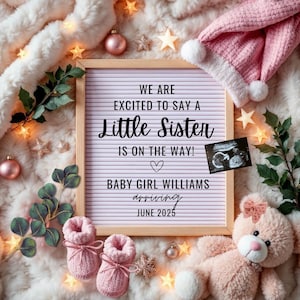 Faire-part de grossesse numérique, thème de Noël, c'est une fille sexe révélateur, petite soeur, révélateur de grossesse pour frères et sœurs, modèle Canva
