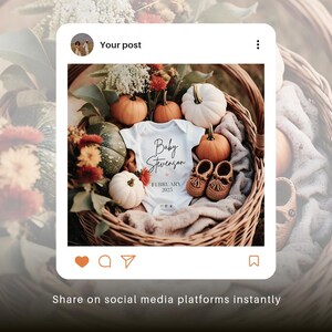 May include: A white onesie with the text "Baby Stevenson" and "February 2023" in black lettering. The onesie is surrounded by pumpkins and fall foliage in a wicker basket.