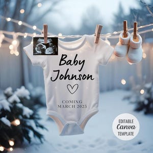 Digitale Schwangerschaftsankündigung Weihnachtsthema, Schneebabyankündigung, im Dezember Baby, Winterbaby, bearbeitbare Canva-Vorlage