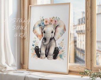 Gepersonaliseerde doopcadeau, kunst aan de muur kinderkamer, afdrukbare olifant babyshower, cadeau nieuwe baby, decor meisje, kamerdecoratie meisje, baby dierlijke voetafdruk kunst