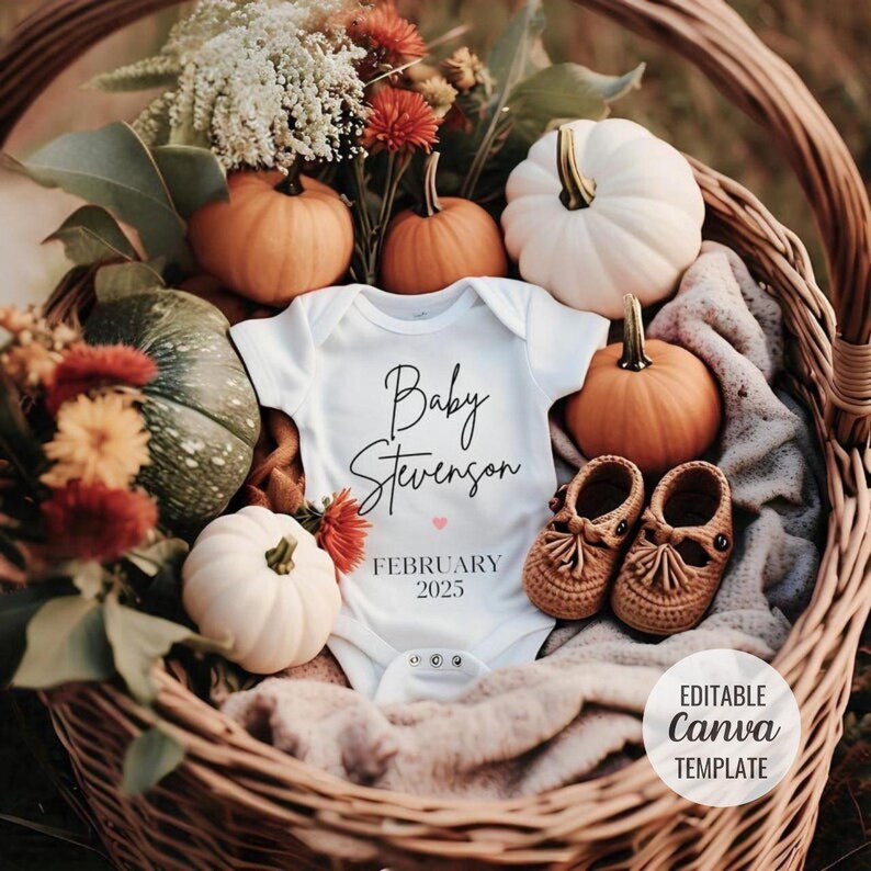May include: A white onesie with the text "Baby Stevenson" and "February 2025" in black script. The onesie is surrounded by pumpkins and fall foliage in a wicker basket. The text "Editable Canva Template" is in the bottom right corner.