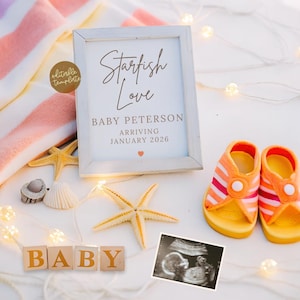 Summer Beach Schwangerschaftsankündigungsvorlage, Neutrales Baby Sommerbaby, Nautische Babyankündigung, sofortiger Download, bearbeitbare Vorlage