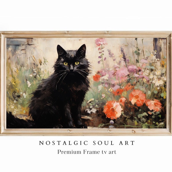 Spring Frame Tv art black cat with flowers, Wildflowers frame tv art l Spring vintage art Cat flowers tv art Samsung Frame tv art | TV16