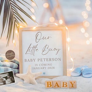 Strand-Schwangerschaftsankündigungsvorlage, Strand-Baby-Enthüllung, nautische Babyankündigung, sofortiger Download, bearbeitbare Vorlage
