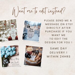 May include: A collage of four images showing different ways to announce a baby's arrival. The images include a Santa Claus holding a onesie that says "Baby Snookin", a onesie hanging on a clothesline that says "Baby Johnson", a bouquet of blue tulips with a sonogram image and a sign that says "It's a Boy, Maicead", and a basket with a teddy bear, popcorn, and a sonogram image.