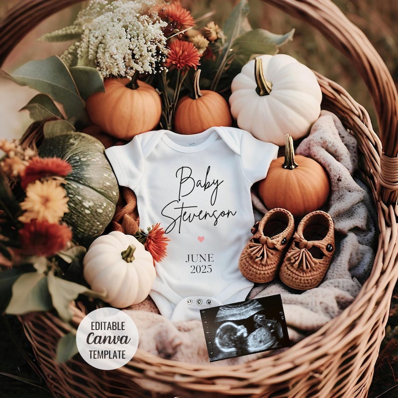 May include: A white onesie with the text "Baby Stevenson" and "June 2025" in black script. A pink heart is next to the date. The onesie is in a wicker basket with pumpkins, fall leaves, and a baby's ultrasound image.