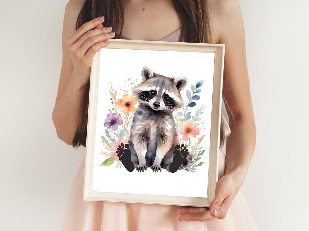 Babys First Footprint, Raccoon Print for Cute Keepsake, Nursery Art