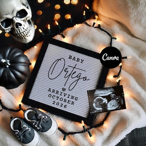 Magical Halloween Pregnancy Announcement Digital, Spooky Gender eutral editable October baby reveal template for social media
