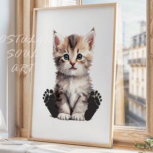 Prima impronta del bambino, stampa di un gatto per un simpatico ricordo, arte per la cameretta dei bambini, primo compleanno, regalo per baby shower, file PDF, download digitale immediato