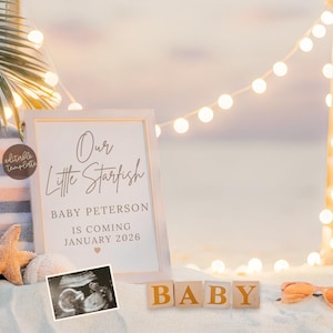 Strand Schwangerschaftsankündigungsvorlage, Neutrales Baby Sommerbaby, Nautische Babyankündigung, sofortiger Download, bearbeitbare Vorlage Canva