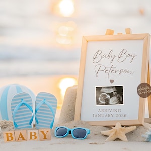Beach Pregnancy Announcement Template, Boy baby Announcement, Summer baby, Nautical Baby, Instant Download, Editable Template Canva