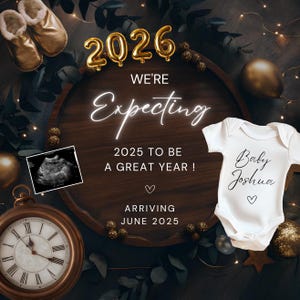 See You Next Year Baby Announcement, We are expecting baby reveal, Simple Neutral baby reveal for social media, Editable Canva template