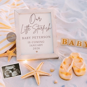 Summer Beach Pregnancy Announcement Template, Neutral baby, Nautical Baby, Instant Download, Editable Template