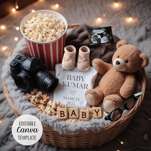 May include: A wicker basket filled with baby announcement items. Includes a teddy bear, baby booties, a onesie with text, a camera, popcorn, and wooden letter blocks spelling "BABY". An ultrasound image and sunglasses are also present.