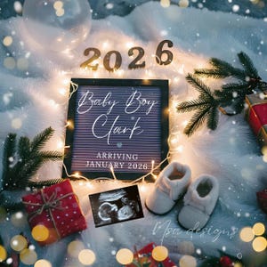 Baby Announcement Digital January 2026, Simple Neutral pregnancy announcement, Letter board baby reveal, editable template for social media