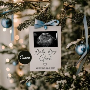 Pregnancy Announcement template Christmas, baby boy Winter Pregnancy Reveal, It&#39;s a Boy baby, Christmas tree baby boy reveal, canva template