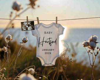 Zomer strand zwangerschap aankondiging sjabloon, baby reveal genderneutrale zwangerschap aankondiging waslijn, Boho Beach neutrale zwangerschap