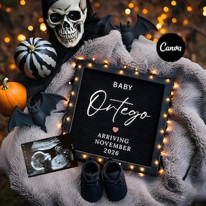 Halloween Pregnancy Announcement Digital, Spooky Gender eutral editable October baby reveal template for social media