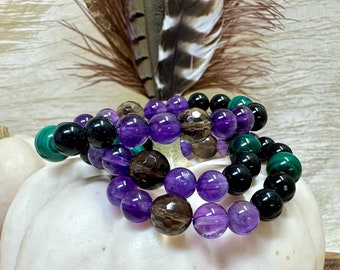 Witches Brew Beaded Bracelet, Amethyst, Smoky Quartz, Black Tourmaline & Malachite, Natural Gemstone Crystal Jewelry, Gift For Her