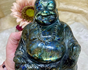 Labradorite Buddha Statue, Natural Polished Labradorite Crystal Buddha Carving, Healing Spiritual Crystal Gift For Her