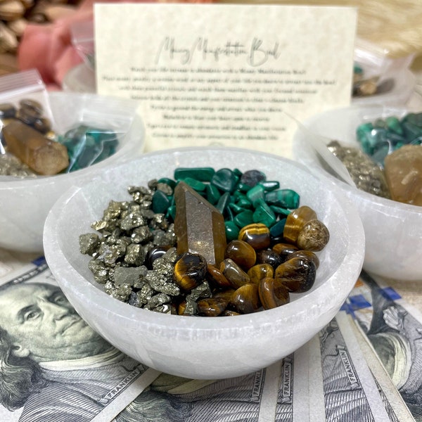 Abundance Crystal Kit, Citrine Point + Pyrite Crystals + Tigers Eye Tumbles + Polished Malachite + Selenite Bowl, Crystal Set Spiritual Gift