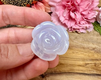 Blue Chalcedony Rose Carving: Handcrafted Madagascar Gemstone