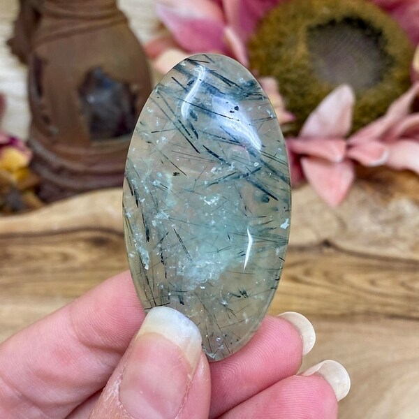 Beautiful Prehnite Cabochon w/ Black Tourmaline Rutiles, Polished Crystal Pocket Stone, Healing Crystal Gift For Her