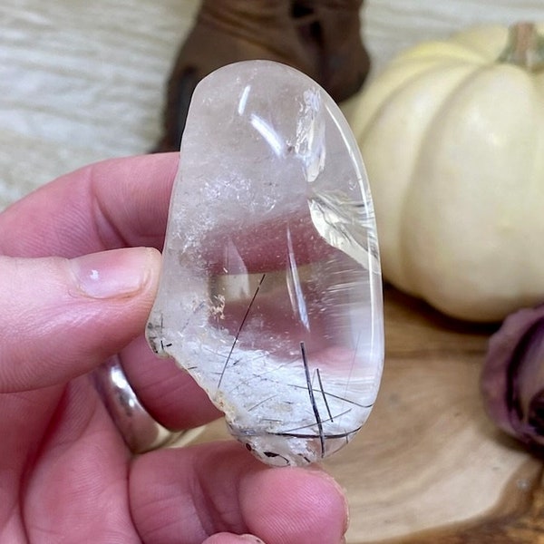 Clear Quartz Tumbled Stone w/ Rutiles, High Quality Polished Quartz Pocket Stone w/ Rutilations, Healing Crystal Gift For Her