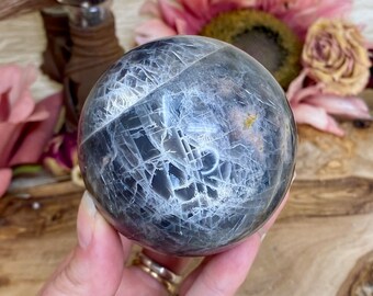 Flashy Black Moonstone Sphere from Madagascar, Natural Polished Black Moonstone Crystal Ball, Healing Crystal Gift For Her