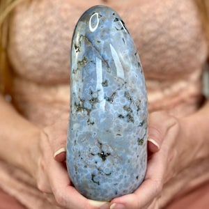 Polished Ocean Jasper Tower from Madagascar – Orbicular Blue Crystal with Druzy Pocket – Calming Energy Stone for Décor & Healing