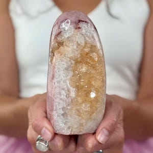 Pink Amethyst Geode: Golden Inclusions, Luxury Crystal Home Decor