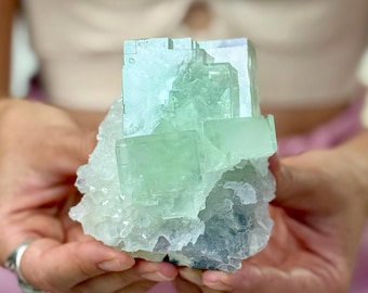 Zhejiang Fluorite on Quartz Specimen | Green Cubic Crystal from Quzhou, China