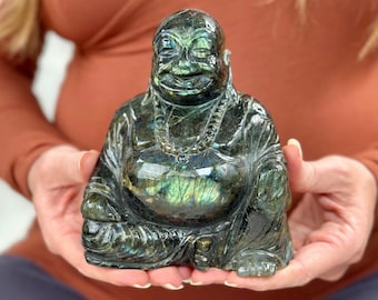 Exquisite Hand-Carved Labradorite Buddha Statue with Vibrant Iridescent Flash – Unique Spiritual Décor and Healing Art from Madagascar