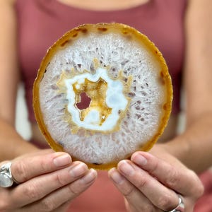 May include: A polished agate slice with a circular shape. The stone features a white center with a golden-brown and blue interior, surrounded by a band of amber-colored material. The agate is held up by a person.