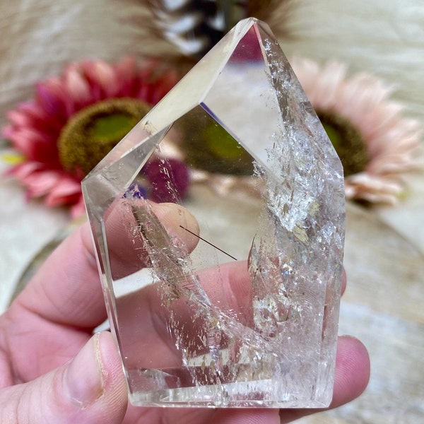 Clear Quartz Faceted Palm Stone w Tourmaline Rutiles, Natural Polished Quality Brazilian Quartz w Rutilations, Crystal Gift For Her