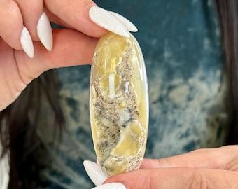 Turkish Stick Agate Shiva Stone – Polished Banded Palm Stone with Yellow, White & Dendritic Patterning
