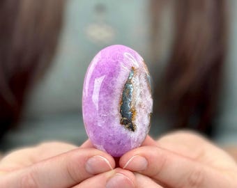 Pink Aragonite Palm Stone with Hematite Inclusions | Polished Natural Mineral from Pakistan