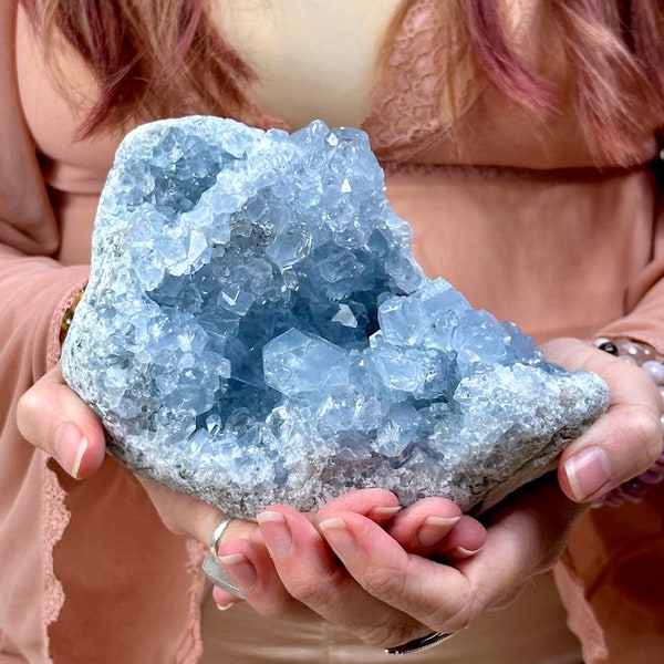 Large Blue Celestite Specimen, Natural Crystal Cluster, Rare Celestine Geode, Healing Crystal Gift For Her, Crystal Home Decor