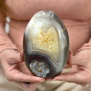 Polished Agate Quartz Crystal Freeform with Golden Druzy Core – Madagascar Healing Stone for Joy, Light & Collector Energy