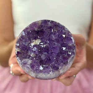 Amethyst Geode Sphere with Polished Agate Banding • Deep Purple Crystals • Brazil Crystal Ball for Meditation & Display