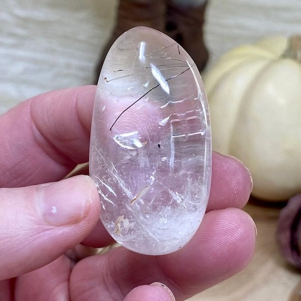 Clear Quartz Tumbled Stone w/ Rutiles, High Quality Polished Quartz Pocket Stone w/ Rutilations, Healing Crystal Gift For Her