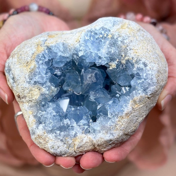 Large Blue Celestite Specimen, Natural Crystal Cluster, Rare Celestine Geode, Healing Crystal Gift For Her, Crystal Home Decor
