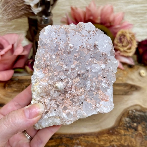 Druzy Pink Quartz Crystal w/ Calcite Fluorite Inclusions, Raw Mineral Specimen Collectors Display Piece, Natural Home Decor
