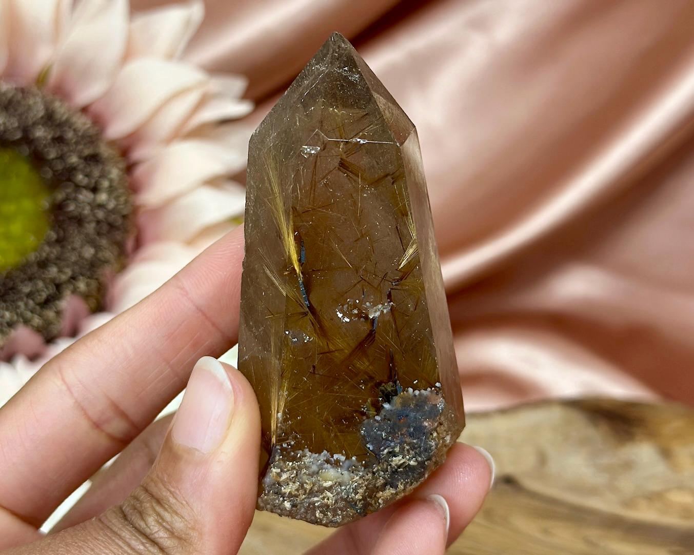 Polished Smoky Quartz Tower With Golden Rutile Inclusions – High