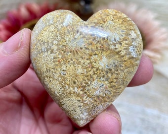 Fossilized Coral Heart from Indonesia, Yellow Coral Crystal Heart Carving, Natural Coral Fossil Gift For Her