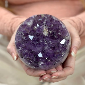 Large Deep Purple Amethyst Geode Sphere with Agate Bands & Polished Base – Raw Crystal Orb from Brazil