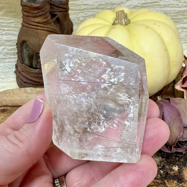 Exquisite Quartz Faceted Palm Stone w/ Tourmaline Rutiles, Natural Polished Brazilian Quartz w Rutilations, Crystal Gift For Her