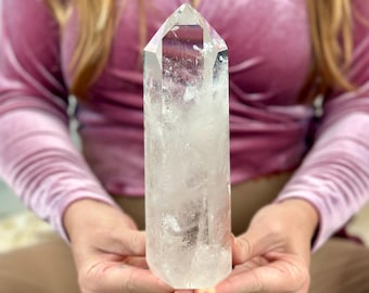Torre de cuarzo transparente de Brasil – Punta de cristal grande con iridiscencia arcoíris – Ejemplar de exhibición mineral