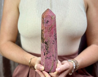 Rhodonite Crystal Tower, Polished Crystal Obelisk, Healing Crystal Pillar, Gift For Her, Natural Crystal Home Decor